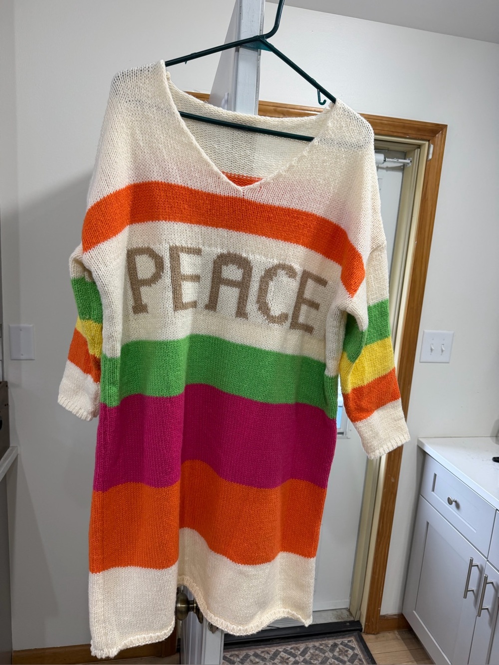 Cream Striped 'Peace' Knit Sweater Dress with Bright Accents